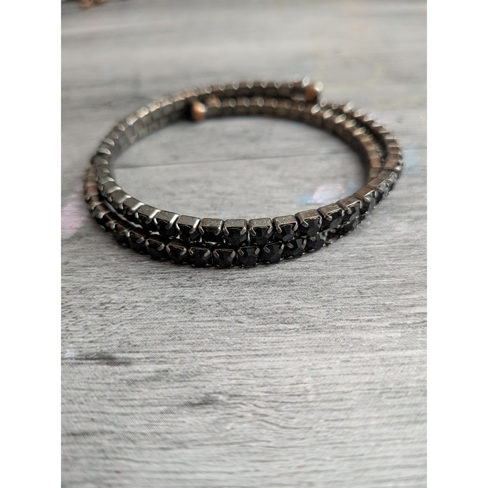 Vintage Black Rhinestone Wrap Coil Bracelet Gunmetal Tone Double Row Stacked